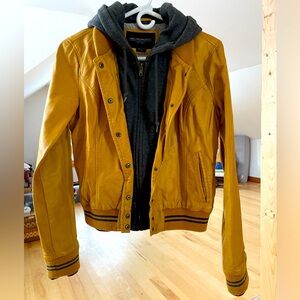 OBEY PROPAGANDA mustard colored leather jacket with hoodie attached, size small
